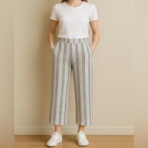 Cream Blue Gold Sparkle Striped Cropped Wide Leg Linen Blend Pants